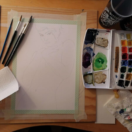 Bleistiftzeichnung liegt bereit zum Aquarellieren